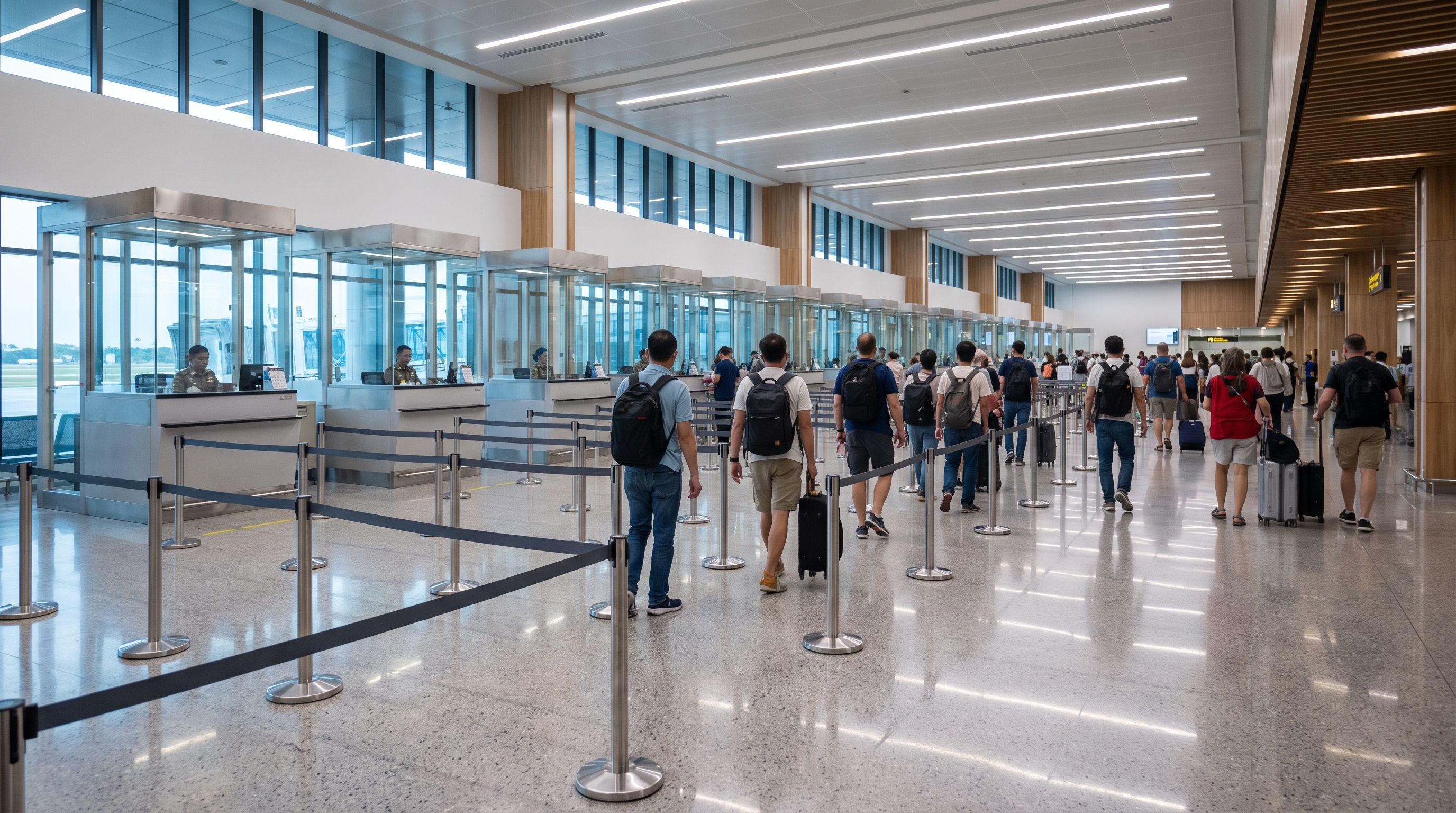 Immigration officers at a Thai airport counter processing Thai visa exemption stamps and passports for arriving travellers.
