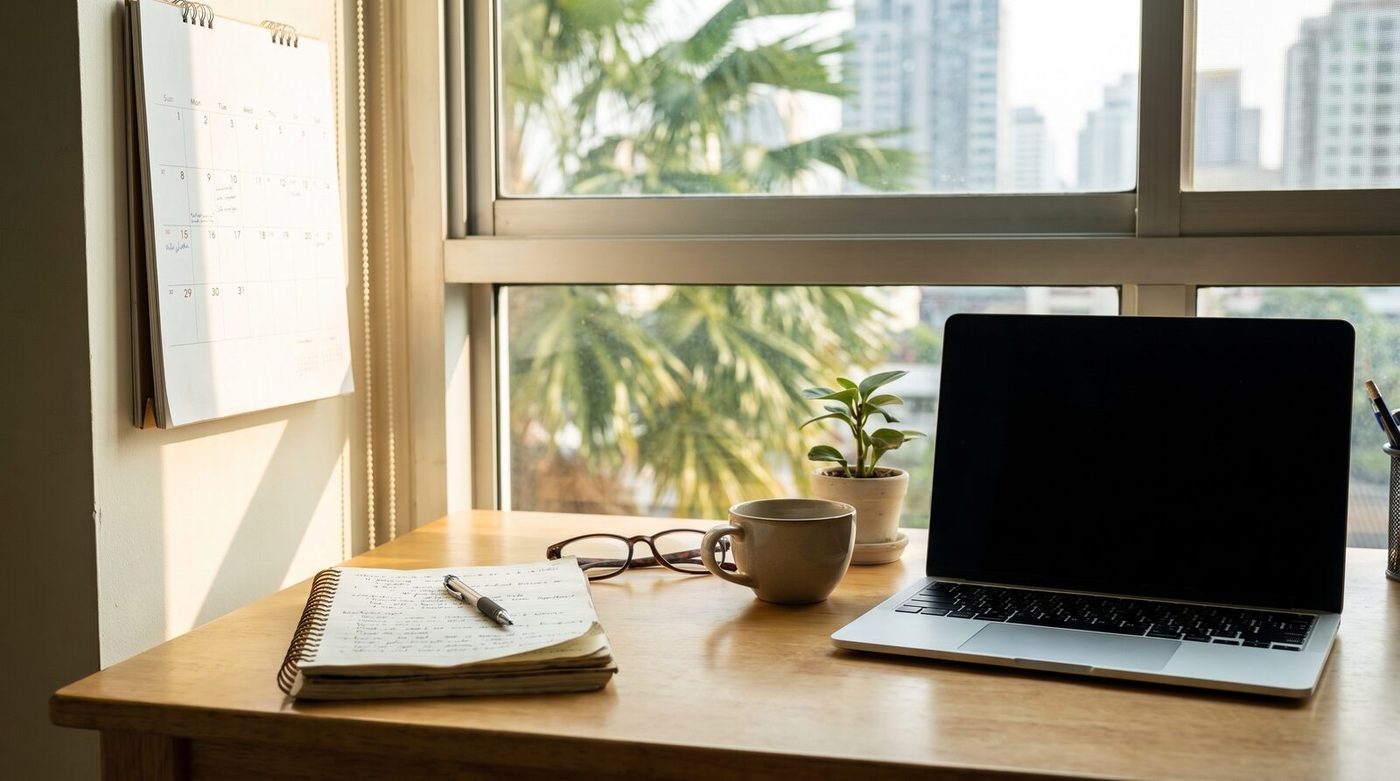 A wall calendar and laptop in a Bangkok apartment, used for tracking the 180-day count that decides tax residency when living in Thailand.