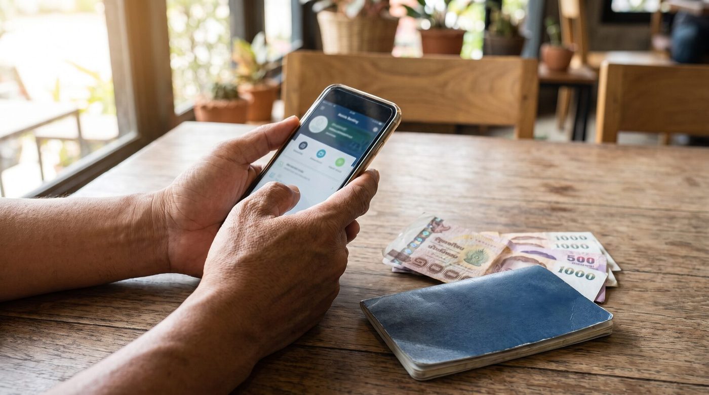A foreigner living in Thailand using a mobile banking app beside Thai baht banknotes and a bank passbook, illustrating what counts as a remittance.