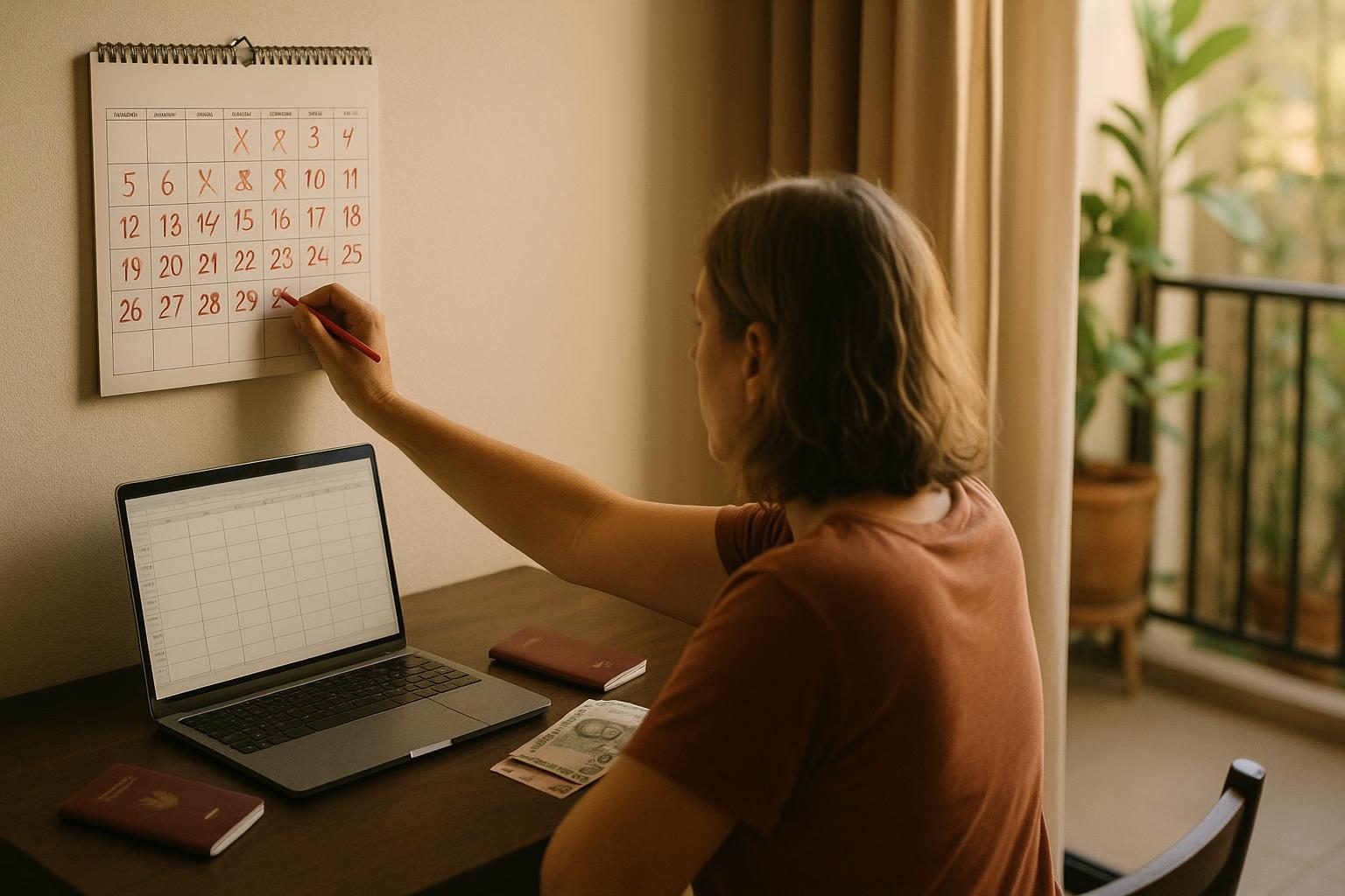 A foreign resident marking days on a wall calendar beside a laptop and passport, counting toward the 180-day threshold that creates Thai tax residency.