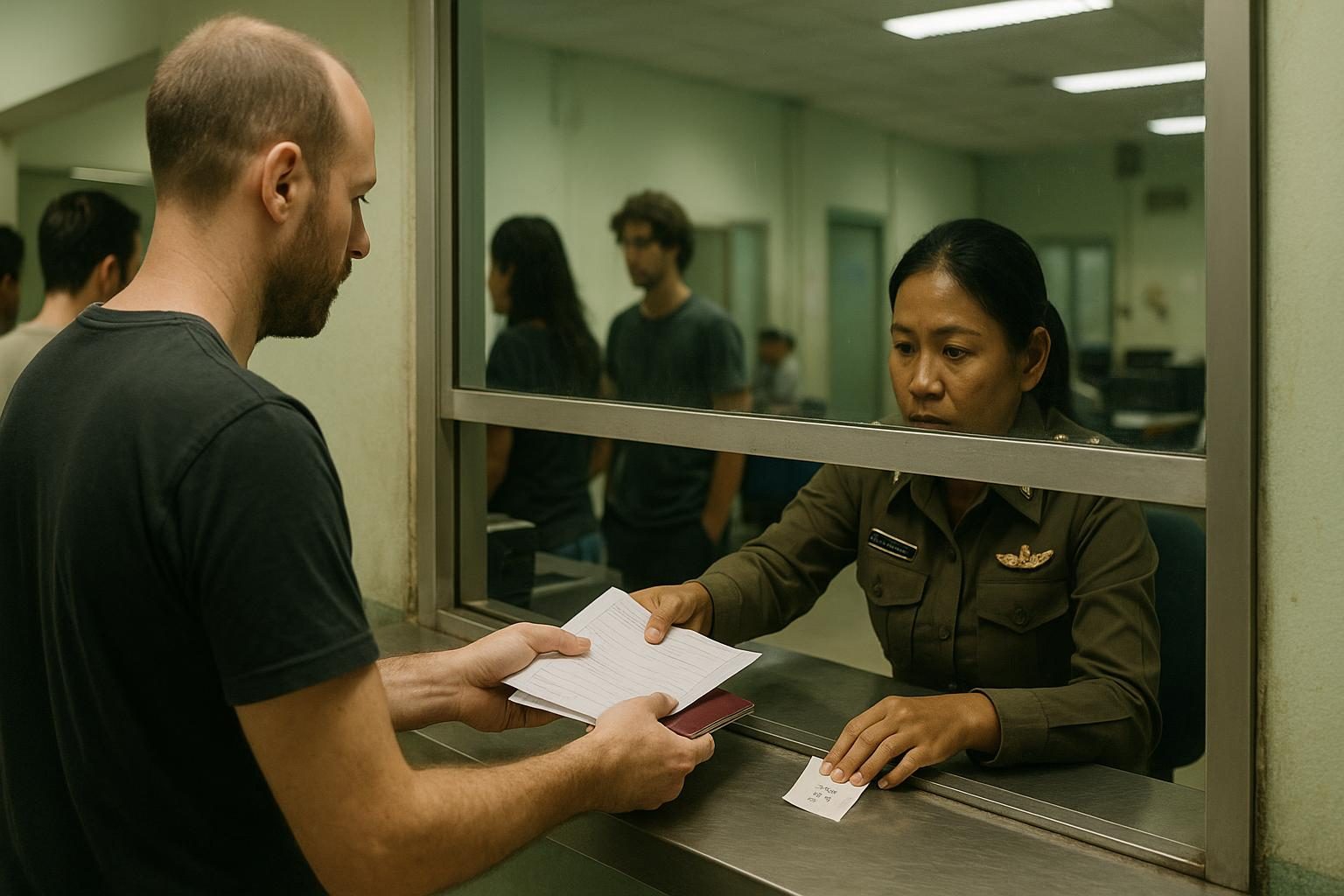 A foreign resident handing forms and a passport through a service window to a uniformed officer at a Thai immigration office.