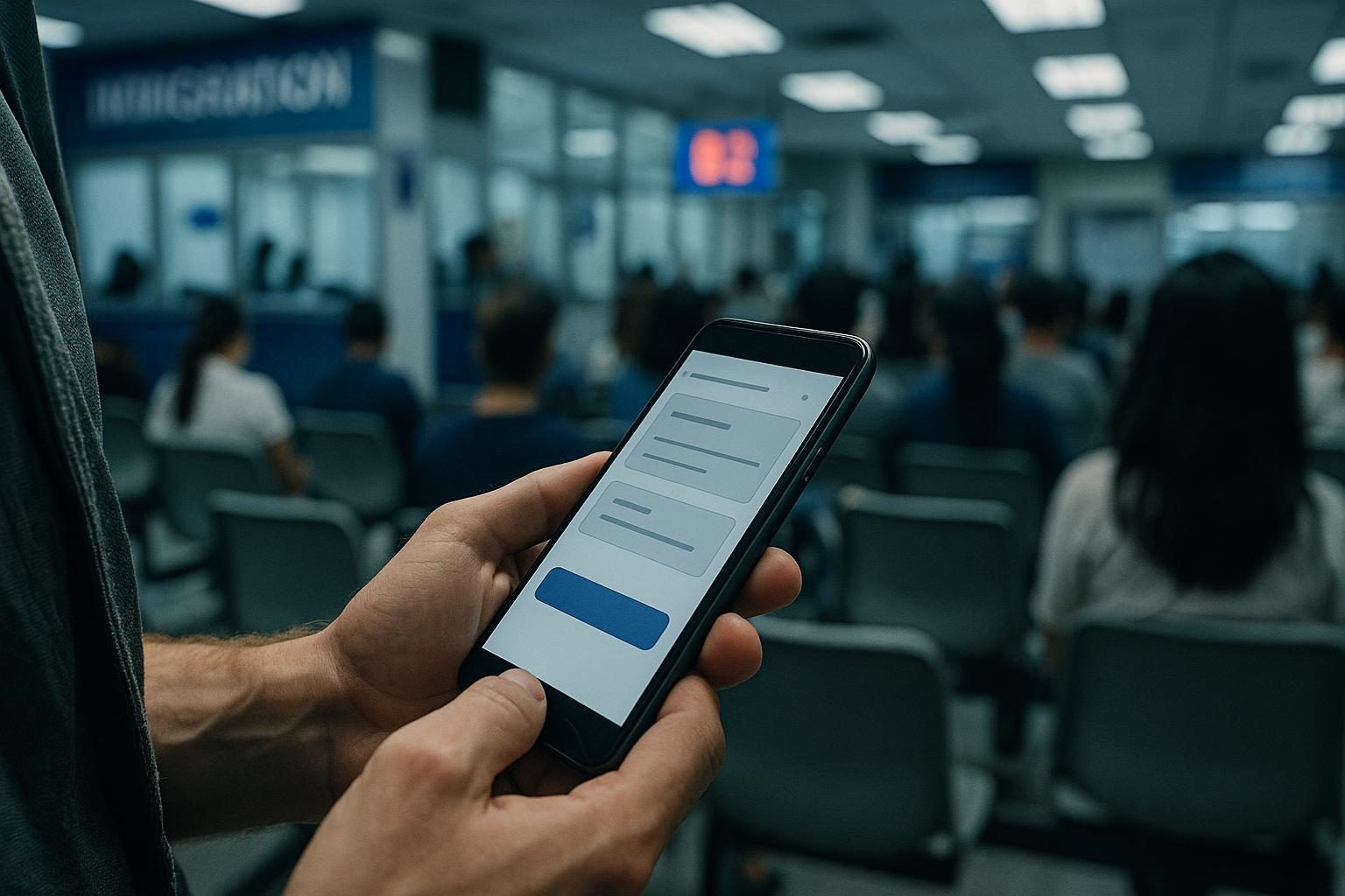 A traveller holding a smartphone showing a government-style immigration app while waiting in a Thai immigration office.