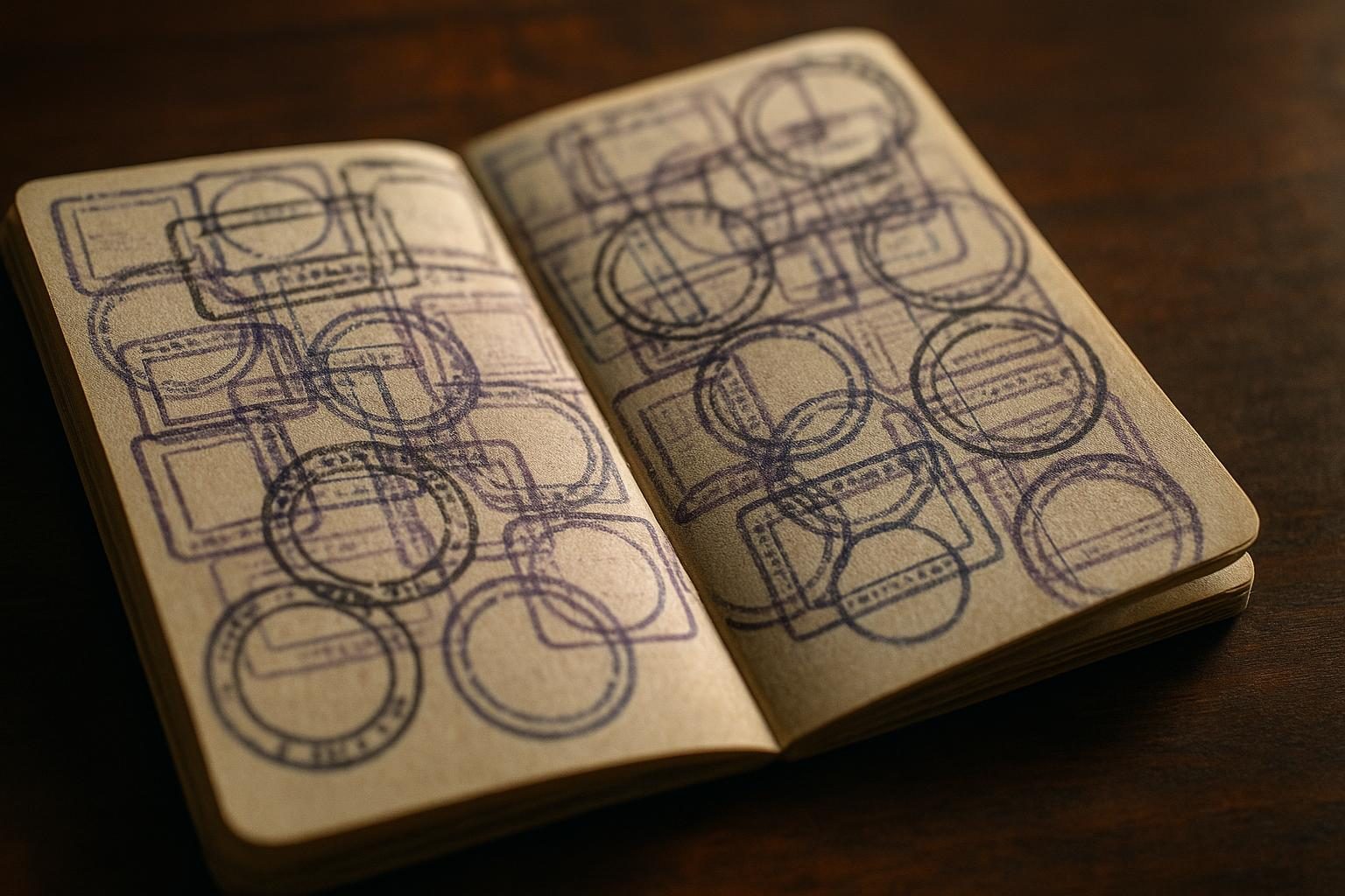 An open passport with pages densely covered in overlapping entry and exit stamps from repeated short trips.