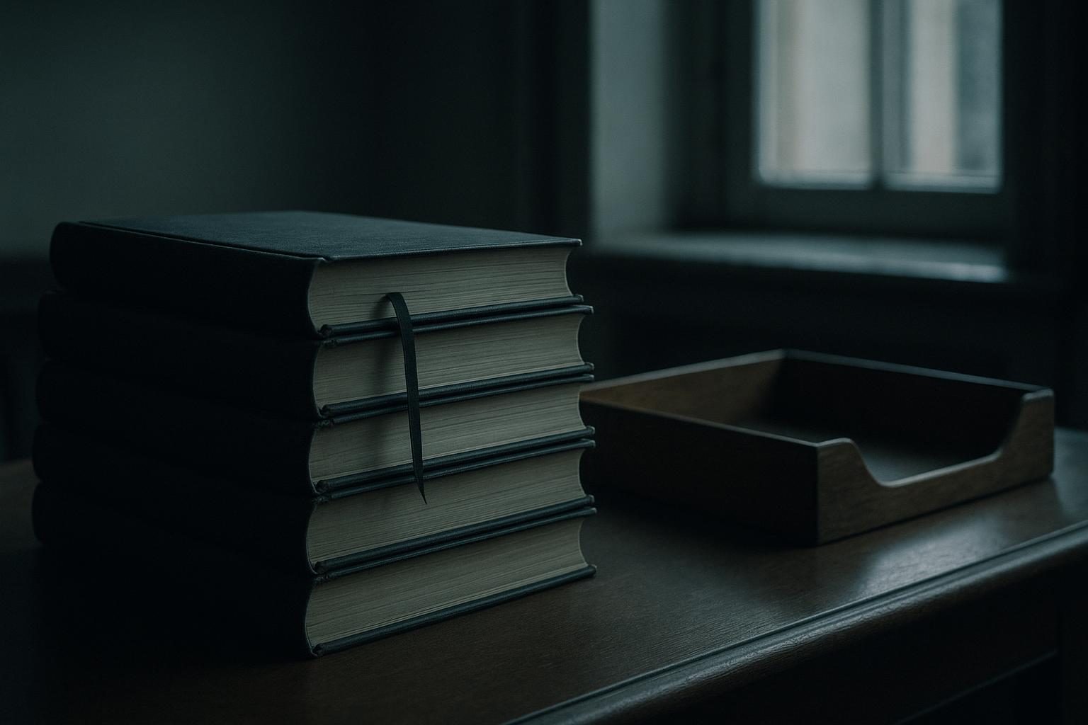 A stack of bound official gazette volumes on a desk beside an empty document tray, representing an announcement awaiting publication.