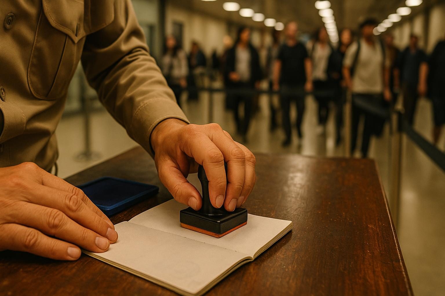 An immigration officer pressing an entry stamp into an open passport at a manual arrivals counter in a Thai airport.
