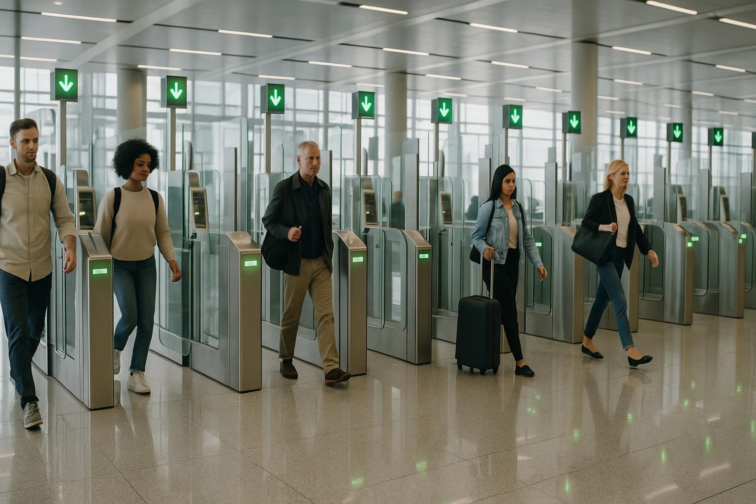 Automated passport gates at a Thai international airport arrivals hall used by travellers who already hold a valid Thailand visa or visa exemption.