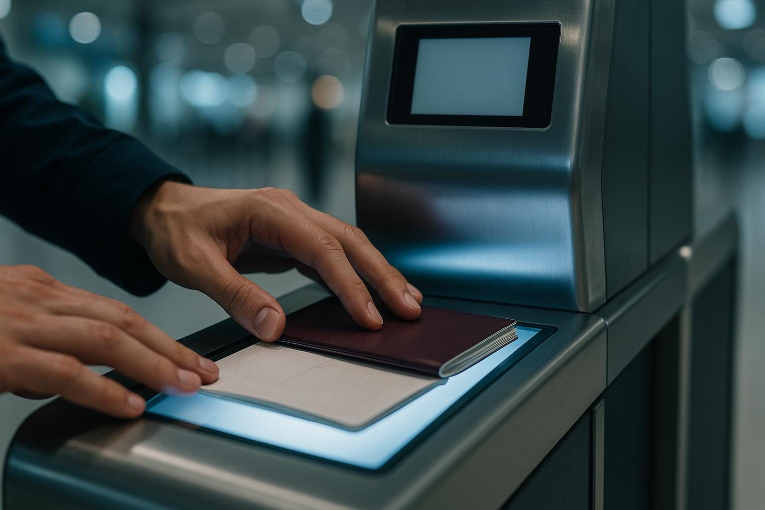 A traveller placing an open passport onto the illuminated scanner of an automated border gate.