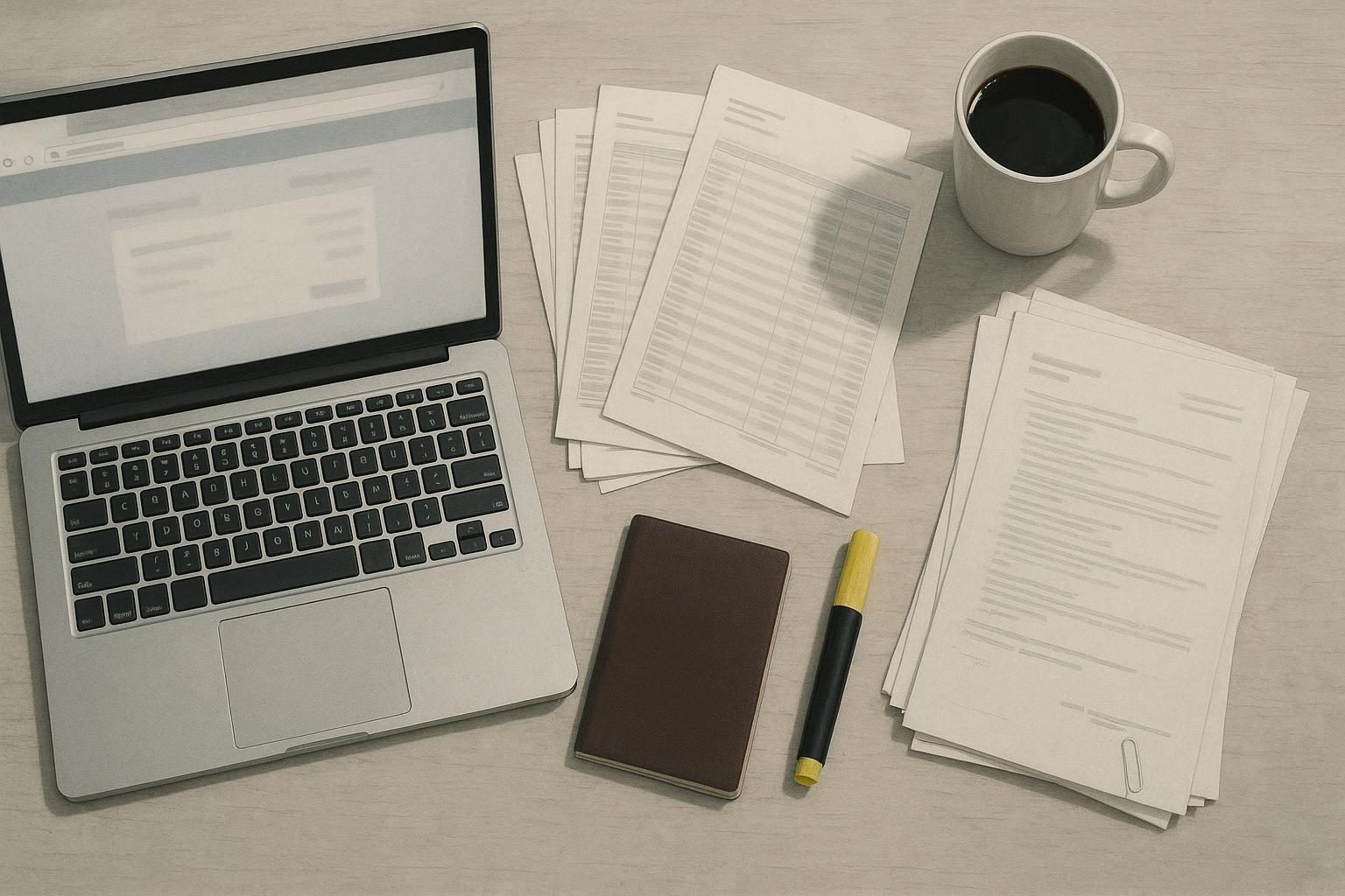 A desk with bank statements, printed forms, a passport and a laptop, assembled for a Thai visa extension application.
