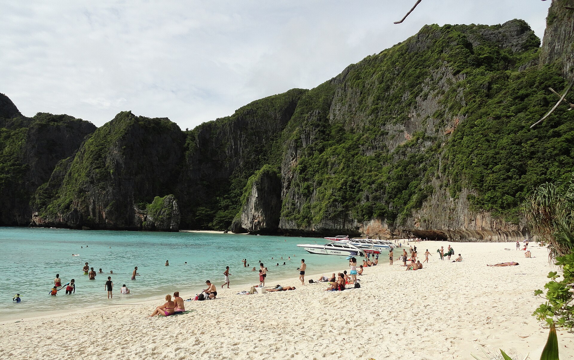 Limestone cliffs surrounding Maya Bay on Phi Phi Leh in Krabi province, Thailand, the national park beach that closes each August and September.