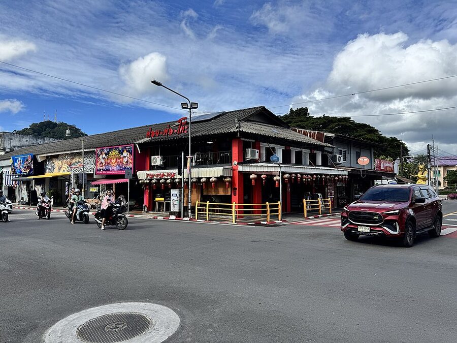 Corner shophouse and street in Phuket Old Town, Thailand, in Mueang Phuket district where immigration officers arrested a Thai visa overstayer, relevant to living in Thailand and Phuket expat life.