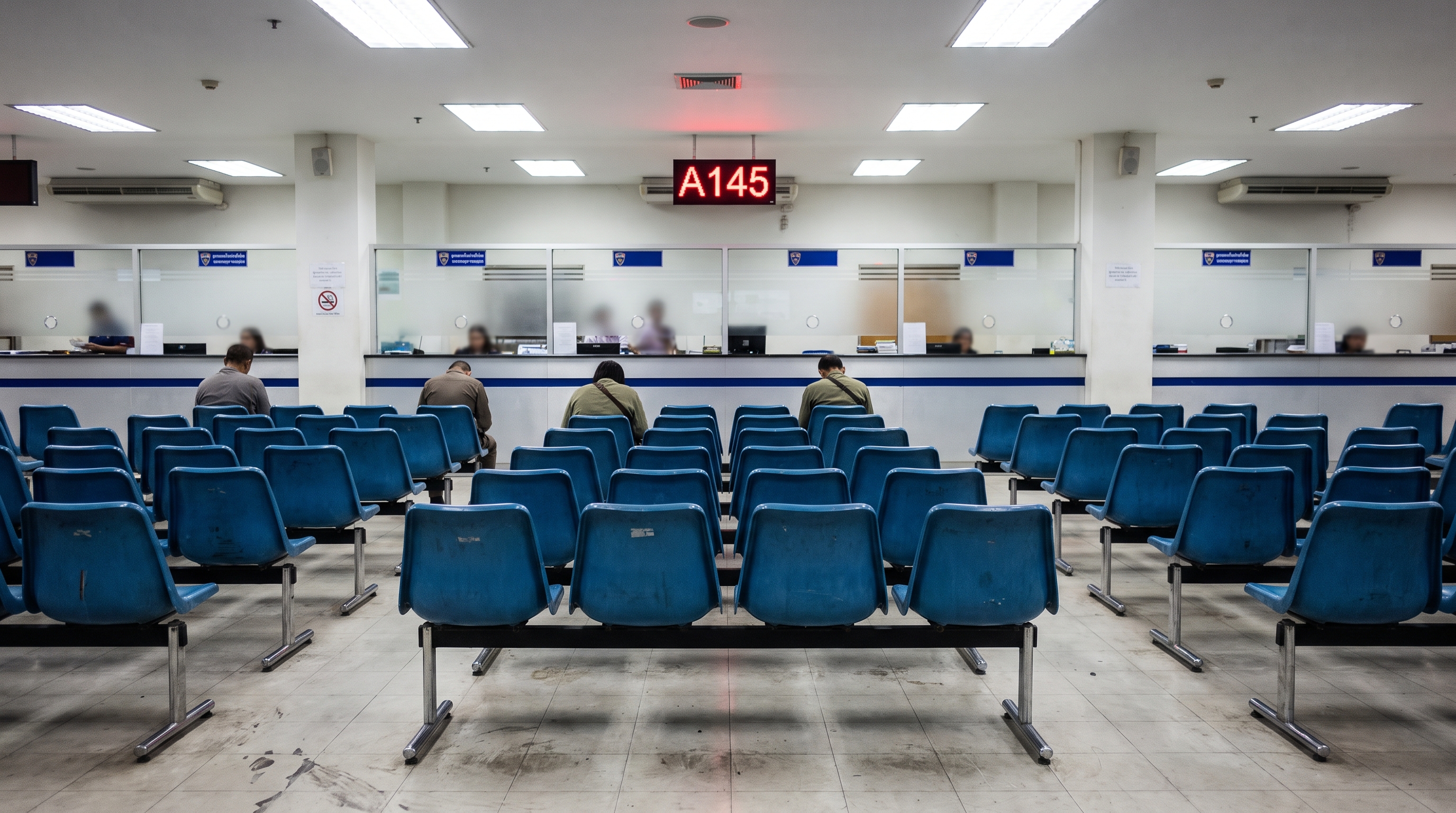 Foreigners waiting at a Thai immigration office to extend a Thai visa or pay an overstay-related filing before the permitted stay date expires.