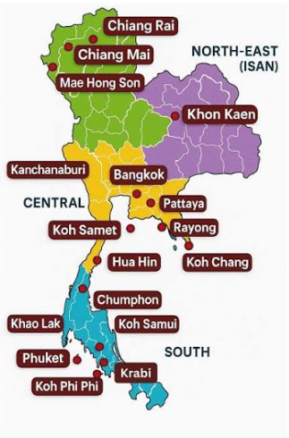 Map of Thailand's regions and major expat hubs